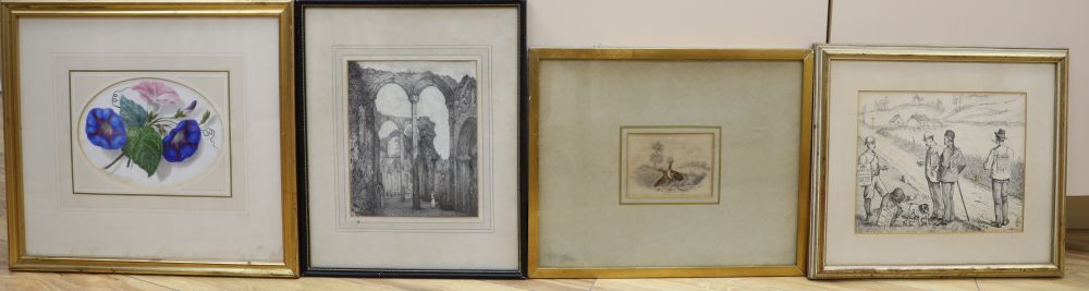 Attributed to Edward Price (1800-1885), pencil drawing, Abbey Ruins, 18 x 15cm, a Victorian watercolour of Convolvulus flowers and two